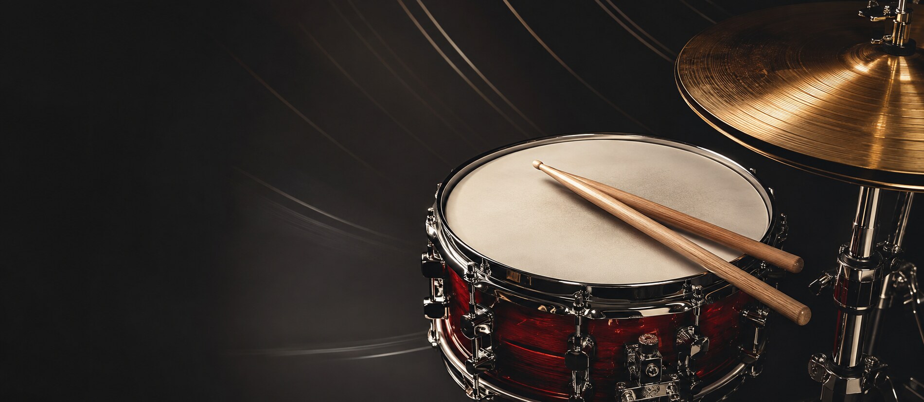 Red lacquer drums and brass cymbals arranged in a dramatic studio scene
